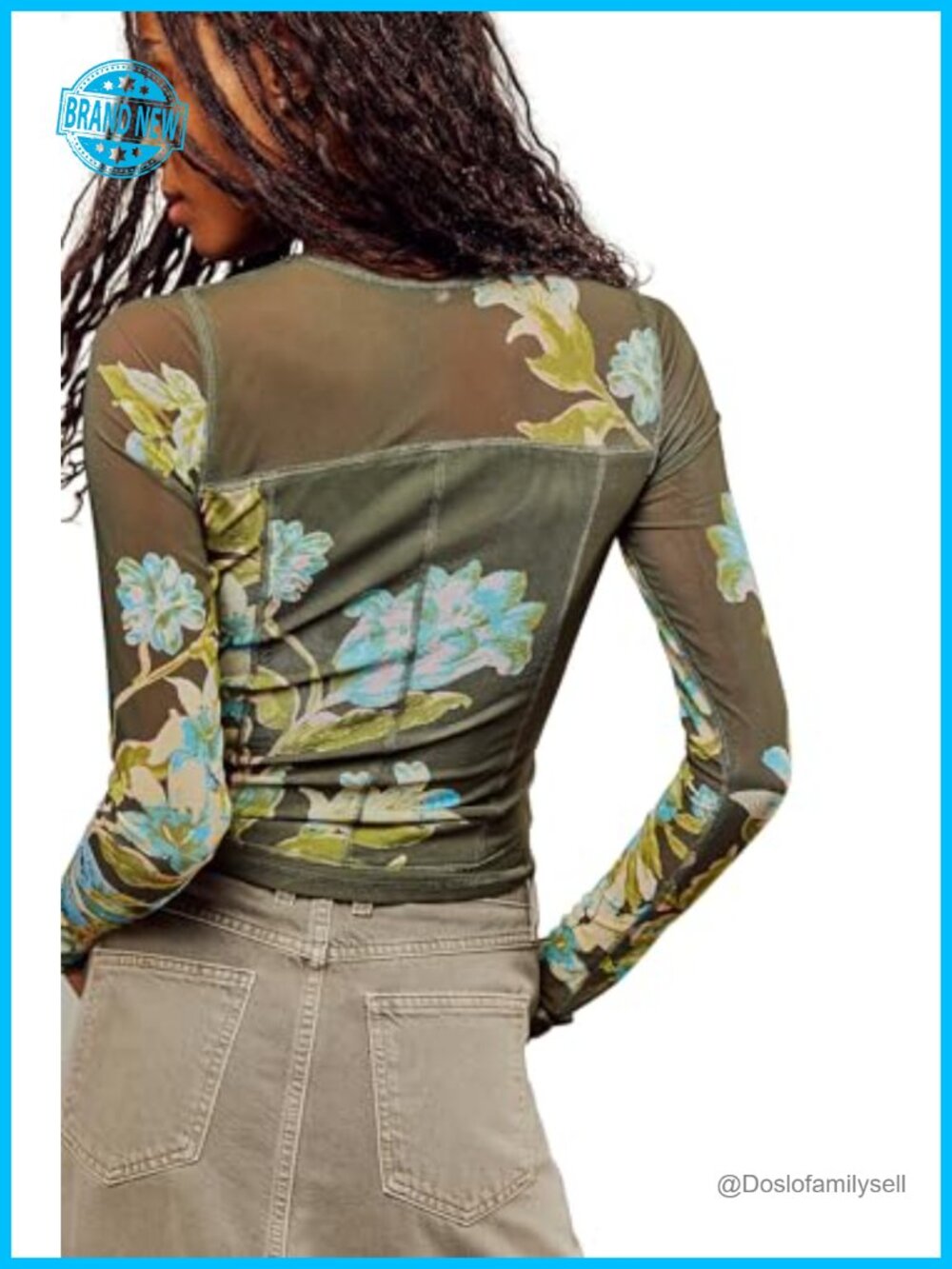 Floral Print Mesh Top Long Sleeve Sheer Blouse Slim Fit Mock Neck